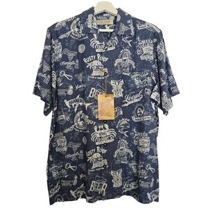 NWT Island Republic Martini Hula Beer Shark Tiki Hut Blue Hawaiian Shirt